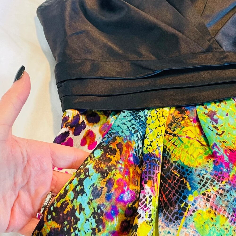 Charlotte Strapless Dress With Vibrant Animal Print & Black Satin Bodice Size 4 - Picture 11 of 14